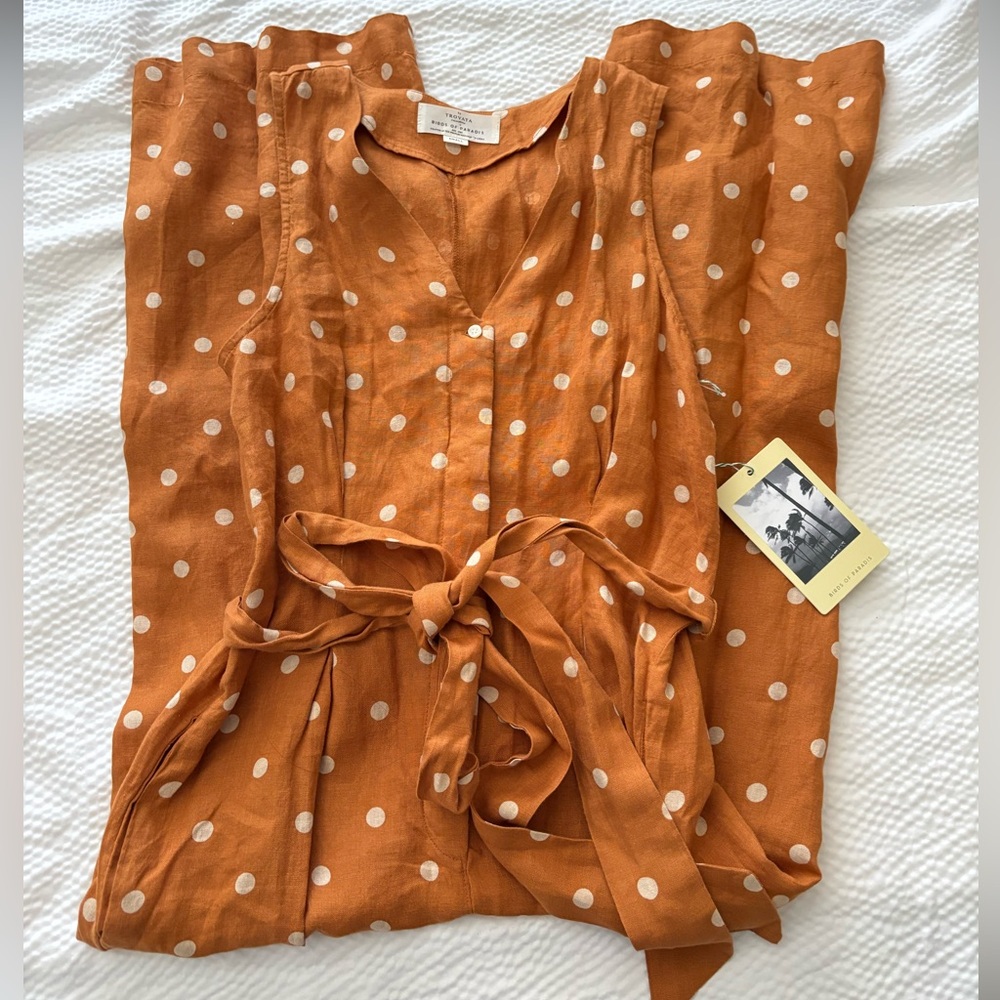 Trovata Cropped Wide Leg Polka Dot Linen Belted Jumpsuit - Picture 4 of 14